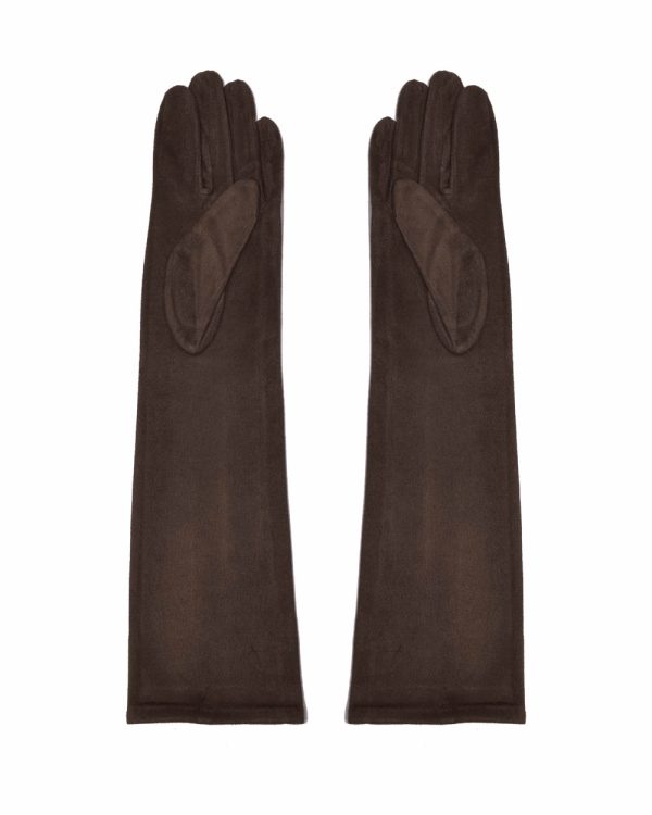 Guantes largos de antelina en color marrón oscuro, ideales para el invierno. Proporcionan elegancia y protección contra el frío.