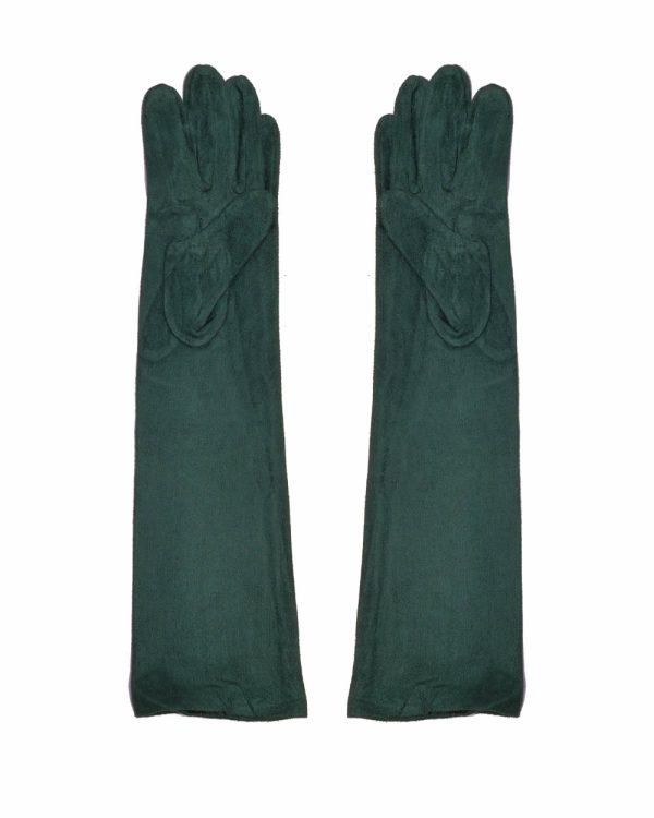 Guantes largos de antelina en color verde oscuro, vendidos por Juan Bernal. Ideales para añadir calidez y elegancia a tus atuendos de invierno.